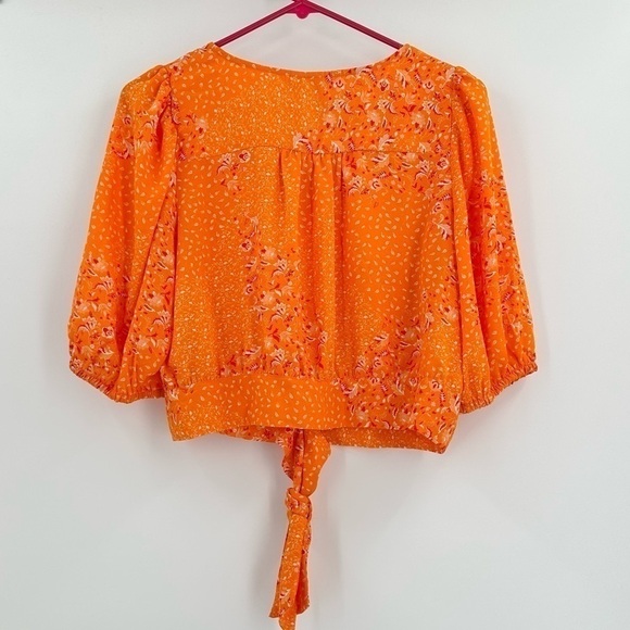 JOIE Women’s V-Neck Orange/Pink Floral Balloon Sleeve Crop Top w/Tie Size Large - Picture 3 of 14